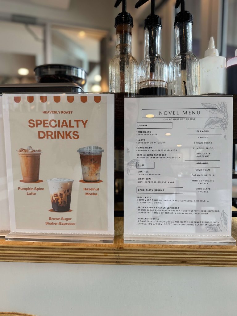 Heavenly Roast specialty drinks menu board display